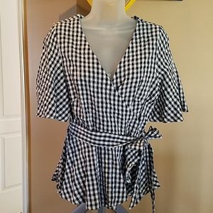 LOFT Navy & White check wrap top NWT